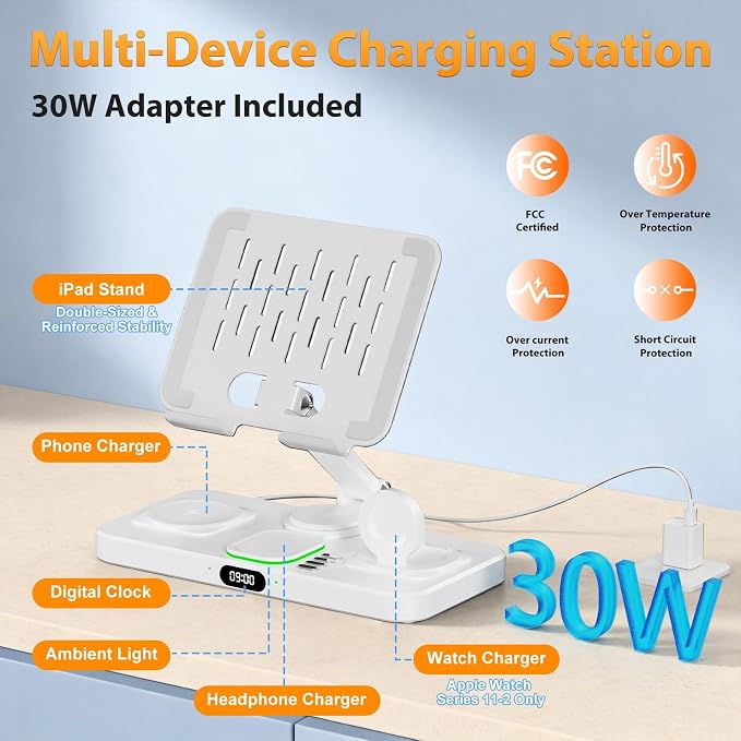 Wireless Charging Station for Apple Devices, Only for Apple Watch Charging | Included Type-C Cable for Tablet Charging, Foldable Wireless Charging Station, 7 Cycling Ambient Lights, Time Clock Display - Image 3