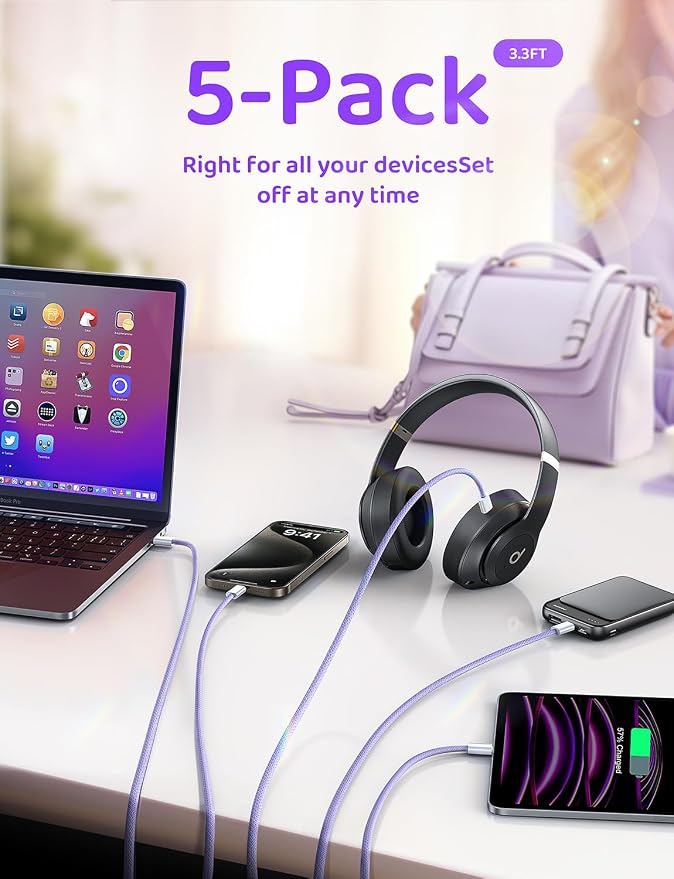 LISEN USB C Cable, 5-Pack [3.3/3.3/6.6/6.6/10FT] USBC to USBC Cable for iPhone 16e 15 Pro Max Charger Cord, 60W (3.1A) C to C Cable Fast Charging for Samsung S25/S24/23, Switch 2, iPad, MacBook,Purple - Image 6