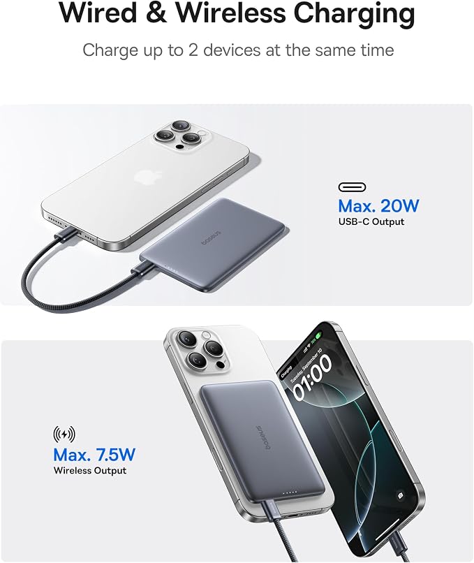 Baseus Picogo Power Bank, 0.3" Ultra Slim 5000mAh MagSafe Portable Charger, Card-Size Magnetic Battery Pack with USB-C Braided Cable, Alloy Wireless Charger for iPhone 17 Pro Max/17 Air/16/15/14/13/12 - Image 6