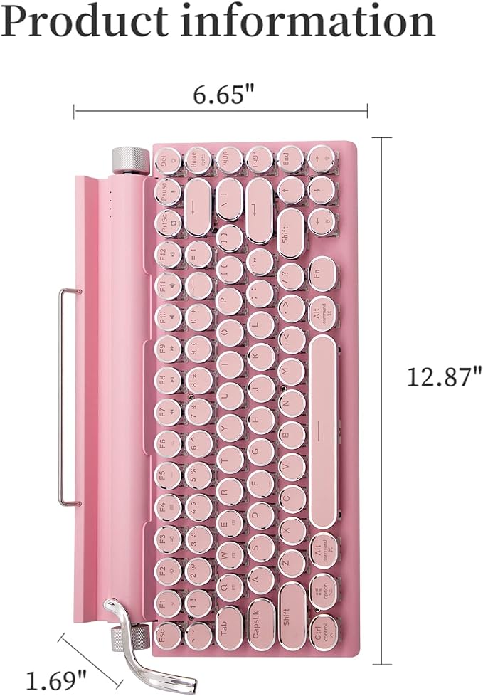 Adventurers Typewriter-Style Retro Mechanical Keyboard LED Backlight 83 Keys Bluetooth 5.0 Blue Axis,Compatible with iOS/Android/Windows/Vista/Linux/Mac Office/Gaming, 12.3x6.6x1.6in (Pink) - Image 4