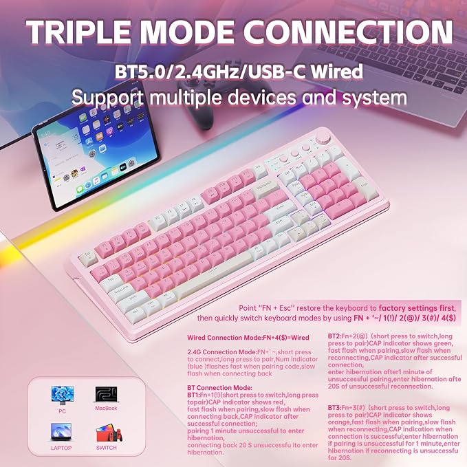 AULA S99 Gaming Keyboard, Wireless Computer Keyboards with Media Knob | 99 Keys Membrane Keyboard,RGB Backlit,Tri-Mode BT/2.4GHz/USB-C,2000mAh Rechargeable Thocky Clicky Creamy Sounding Keyboard - Image 3