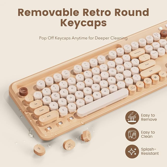 Wireless Keyboard and Mouse Combo, Retro Round Keycaps, Full-Size Typewriter Keyboard with Phone/Tablet Holder, Ergonomic Mouse with 3-Level DPI, 2.4GHz Connection for Windows/PC (Beige Colorful) | Full-Size Retro Typewriter-Style Keyboard, Tilt Legs, ... - Image 4