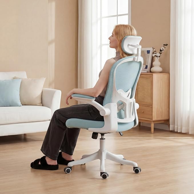 Ergonomic Office Chair with Adjustable Lumbar Support and Headrest, High Back Mesh Desk Chair for Home Office,Flip-Up Arms 90-120° Tilt Lock Rolling Swivel Task Chairs (White-Blue6065) by TLLMOON