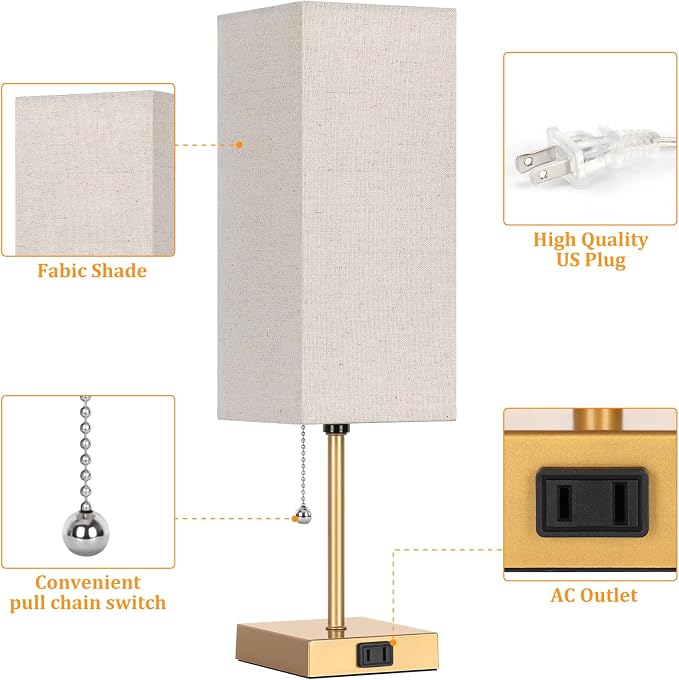 Table Lamp for Bedroom set of 2,3-Color Bedside Lamps with Pull Chain | Table Lamps for Nightstand with AC Outlets,18'' Night Light Lamps with 2 Bulbs Lamps for Living Room Kids Office Decor（Glod） - Image 3