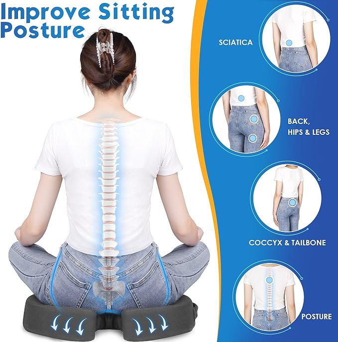 Seat Cushion for Office Chair, Car, Memory Foam, Grey Large | For Back, Coccyx, Sciatica, Tailbone Pain, Ergonomic Design, Non-Slip, Desk Wheelchair Use, Supportive Butt Pillow, For Man - Image 5