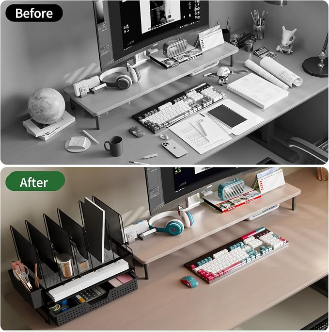 LEKETREE Desk Organizer, Office Organization with Vertical File Holder, File Organizer with Drawer and Pen Holder, Desk Accessories and Workspace Organizers for Home Office (Black) - Image 4