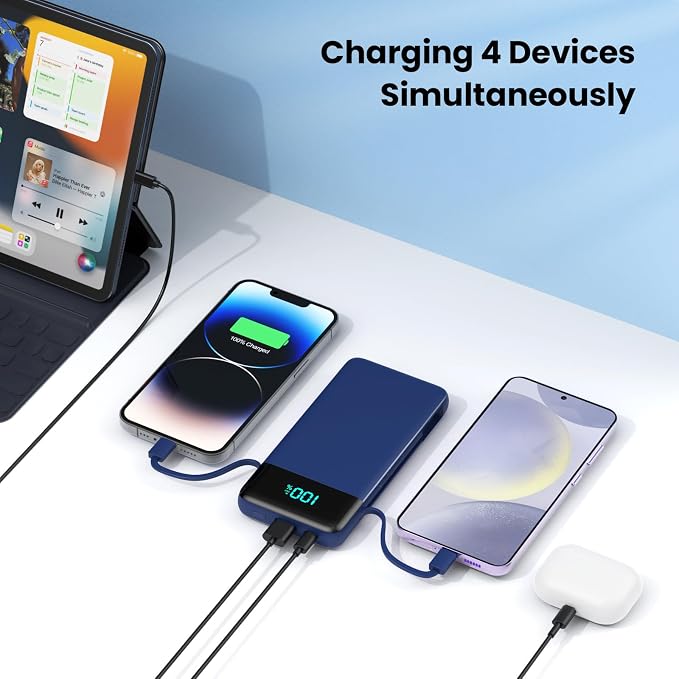 Portable Charger for iPhone,13800mAh Slim Power Bank with Built-in Cables & AC Wall Plug,All in One 4 Outputs USB C Fast Charging Battery Pack Travel Essential for iPhone 17/16/15/14,Android (Blue) - Image 5
