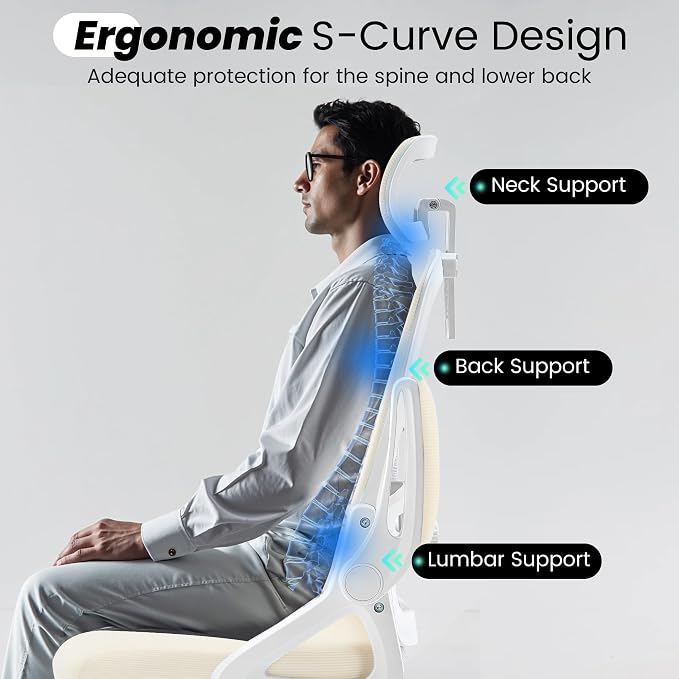 Fizzin Office Chair Mesh Computer Chairs with Adjustable Lumbar Support | Ergonomic Office Chair, Home Office Desk Chairs with Thickened Cushion and Headrest, Comfy Gaming Chair (Buff Beige) - Image 9