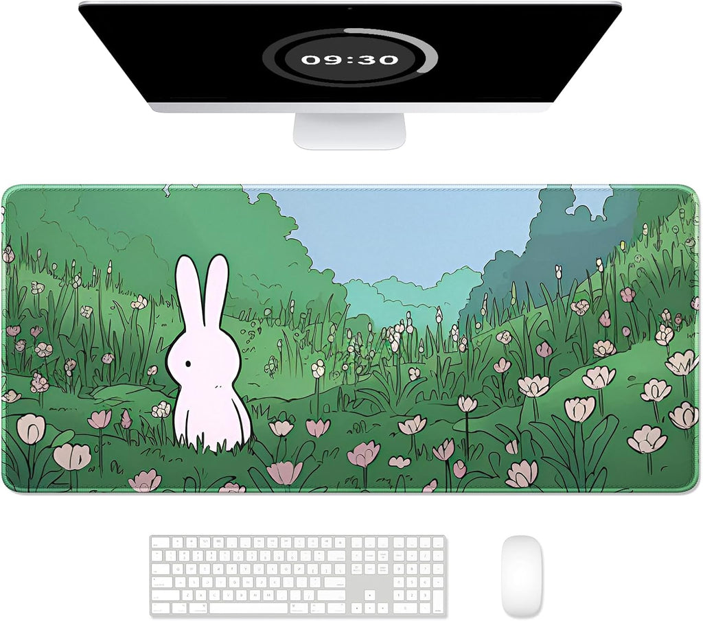 Ultra Large Gaming Mousepad, XXL Extended Full Size Desktop Matt for Keyboard, Laptop & Computer, 35.5 x 15.7 in, Anime Bunny Green Grass by Auhoahsil