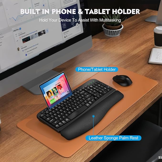 Wireless Keyboard and Mouse Combo, Full-Sized Ergonomic Wave Keys Keyboard with Memory Foam Wrist Rest & Phone Holder, 2.4G Quiet Keyboard Mouse Work Setup for PC Laptop, Office or Home (Black) - Image 8