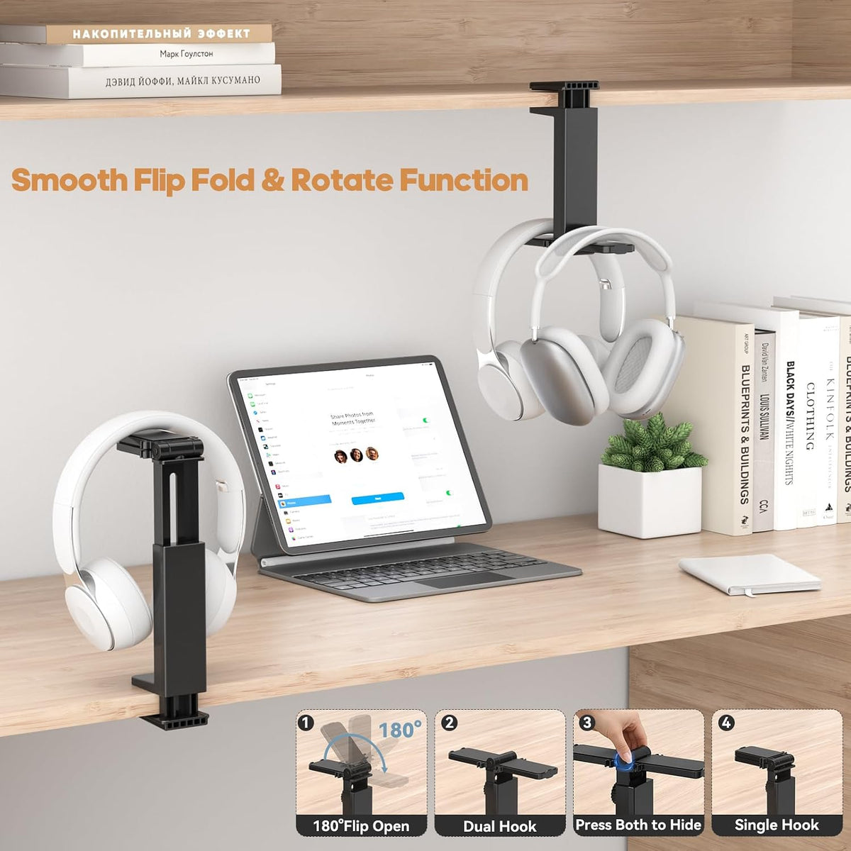 Dual Headphone Stand for Desk, 360° Rotatable & 180° Flippable Holder - Image 6