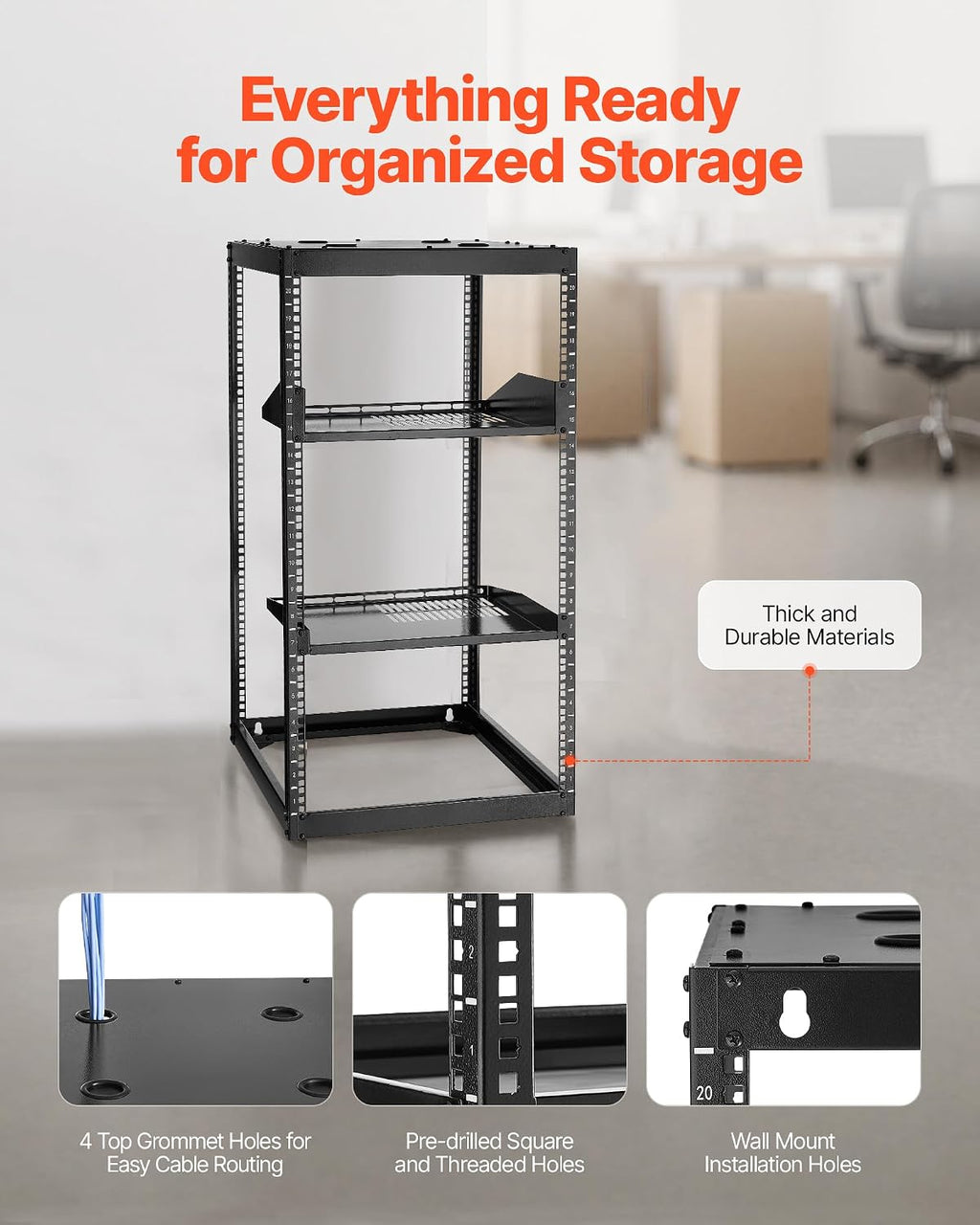 VEVOR 20U Open Frame Network Rack Server Rack, Wall Mounted or Floor Stand - Image 5