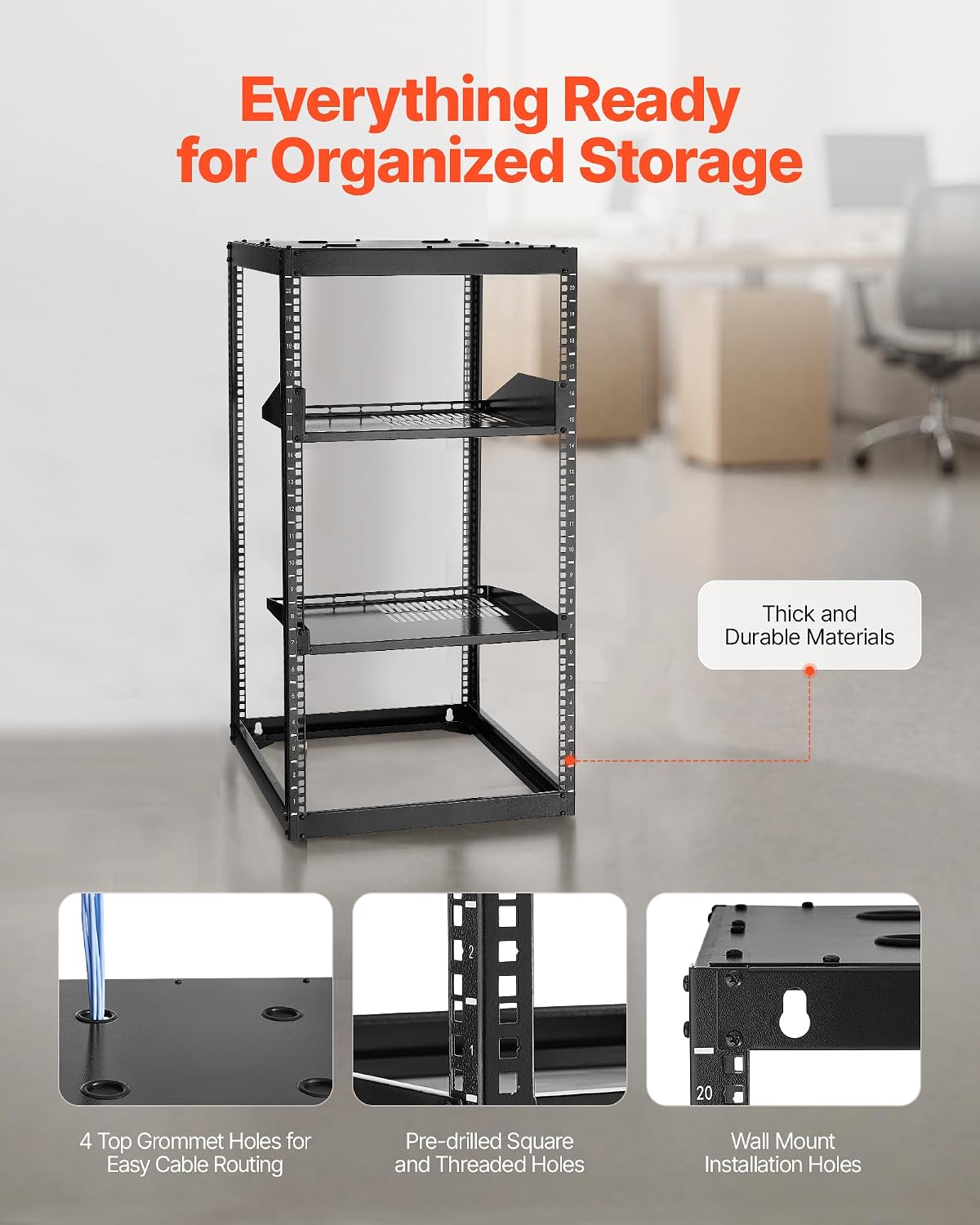 VEVOR 20U Open Frame Network Rack Server Rack, Wall Mounted or Floor Stand - Image 5