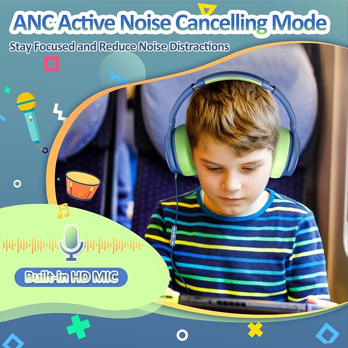 USB C Kids Headphones for School Active Noise Cancelling Headphones-Blue | Comfortable,Adjustable,85/94dB Volume Limit,Stereo Sound Portable Over Ear Type C Headphones for Travel/Tablet/iPad/Classroom - Image 2