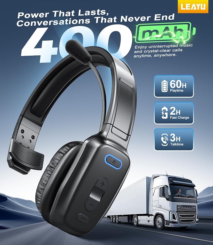Trucker Bluetooth Headset, 60-Hour AI Noise-Canceling Mic for Driving | Mute Button, Multipoint Pairing, Single-Ear Design, Over-Ear Comfort, Bluetooth 5.2 Wireless Headphone, Phone/PC, Office/Work - Image 3