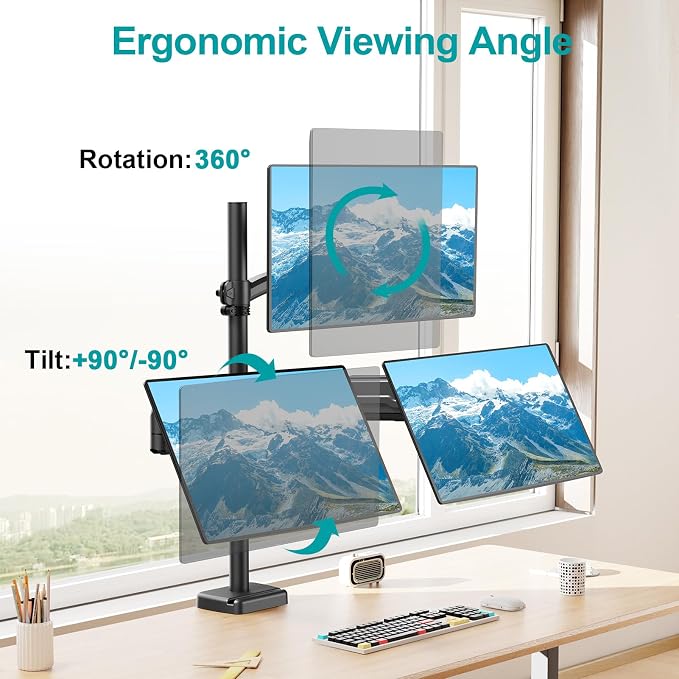 MOUNT PRO Triple Monitor Mount for Max 32" Computer Screen, Adjustable 3 Monitor Desk Mount, up to 19.8lbs Each, Three Display Arm with Tilt Swivel Rotation, VESA Mount 75x75/100x100mm - Image 3