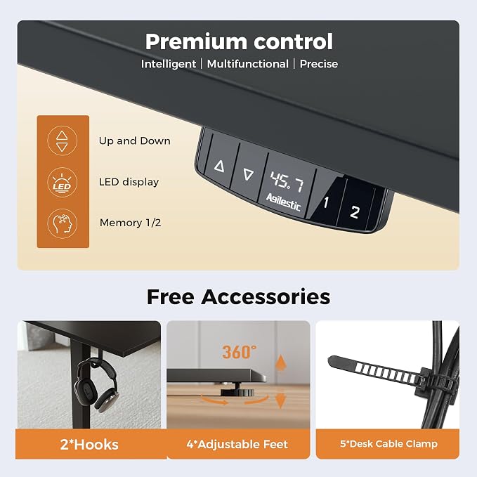 Agilestic Electric Height Adjustable Standing Desk, 55 Inch, Black | Smooth Height Adjustment, Memory Presets, Hooks, Stable Steel Frame,154 lbs Capacity, Easy Assembly, Splice Board - Image 6