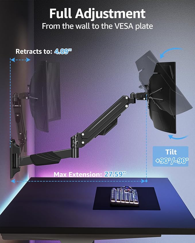 MOUNTUP Monitor Wall Mount for 22-43 Inch Curved Screens, Holds 2.2 to 33.1 lbs, Ultrawide Computer Monitor Wall Mount, Heavy Duty Wall Monitors Arm, 75x75 mm to 200x200 mm Vesa Mounts - Image 3