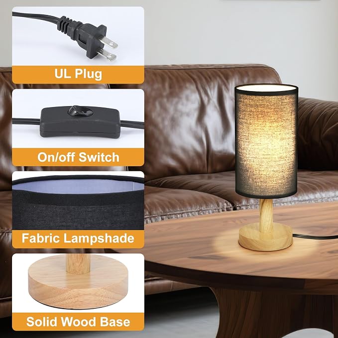 Black Small Bedside Table Lamp for Bedroom,Natural Round Wood Base&Fabric Linen Shade,Cozy Night Table Light for Study Reading,Minimalist Boho Desk Lamp for Nightstand,Living Room,Nursery,Kitchen,Dorm - Image 5