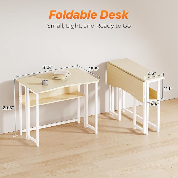Huuger Folding Desk with Storage Shelf, 31.5 Inch Foldable Computer Table | Writing Work Office Computer Desk for Small Spaces, Space Saving Sofa Table for Couch, Easy to Fold, Oak - Image 2