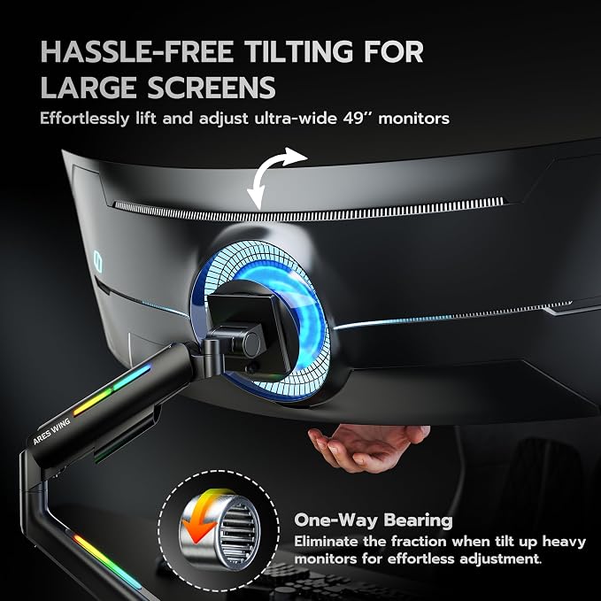 ARES WING Ultrawide Monitor arm with RGB for 17-49 Inch Screen, Black | Heavy Duty Gas Spring Single Monitor Arm, Adjustable Gaming Computer Monitor Arm for Desk up to 44lbs - Image 3