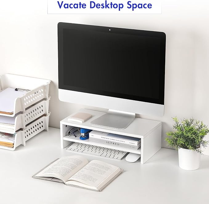 BEYGORMMonitor Stand Riser, White, 16.5 inch, 2 Tiers Wood Desk Shelf | Computer Screen Stand with Storage, For Desktop Laptop/Screen/TV/PC/Printer 16.5"L x 7.8"W x 5.2"H - Image 5