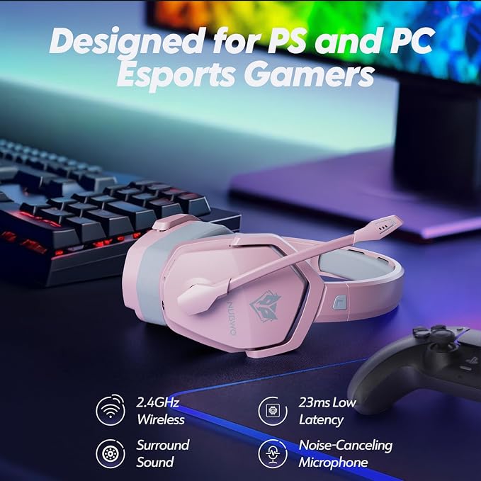 NUBWO G06 Dual Wireless Gaming Headset with Mic for PS5, PS4, PC, Mobile, Switch: 2.4GHz Wireless + Bluetooth - 100 Hr Battery - 50mm Drivers - Pink - Image 2