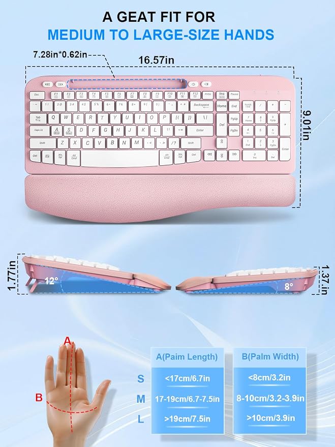 Hayyiesh Ergonomic Wave Keys Wireless Keyboard and Mouse Combo, Full Size with Memory Foam Wrist Rest & Phone Holder, 2.4G Cordless Set with USB-C Adapter for Windows Mac Desktop Laptop (Pink) - Image 2