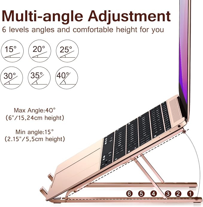 Laptop Stand, iVoler Laptop Holder Riser Computer Tablet Stand, 6 Angles Adjustable Aluminum Ergonomic Foldable Portable Desktop Holder Compatible with MacBook,iPad, HP, Dell10-15.6” Rose Gold - Image 4