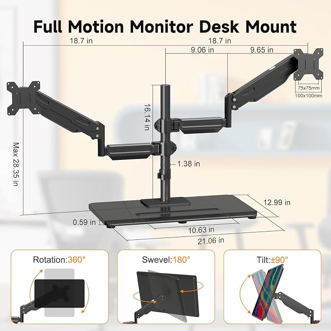 Pholiten Dual Monitor Stand with Wooden Base | Gas Spring Height Adjustable Arms, Each Holds 32 Inch Screen up to 22lbs, VESA Mount 75x75/100x100mm, Tilt/Swivel/Rotate - Image 2