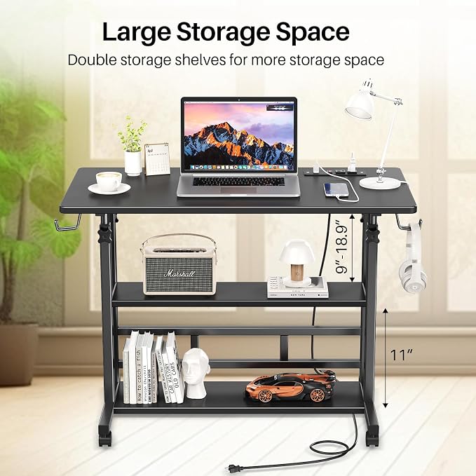 Adjustable Height Standing Desk with Power Outlets, Rolling Stand Up Desk with Storage Shelves, 31.5" Small Mobile Computer Desk, Portable Laptop Table (Black) - Image 7