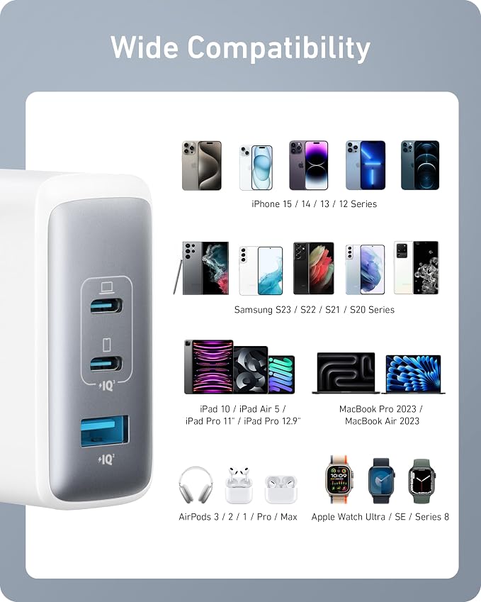 Anker Nano 100W MacBook Charger, 3-Port Fast Compact GaN USB Charger Block | With 1 Pack & 1 Cable for MacBook Pro/Air, Pixelbook, ThinkPad, Dell XPS, iPad Pro, iPhone 17 Series, Galaxy S23, and More - Image 8