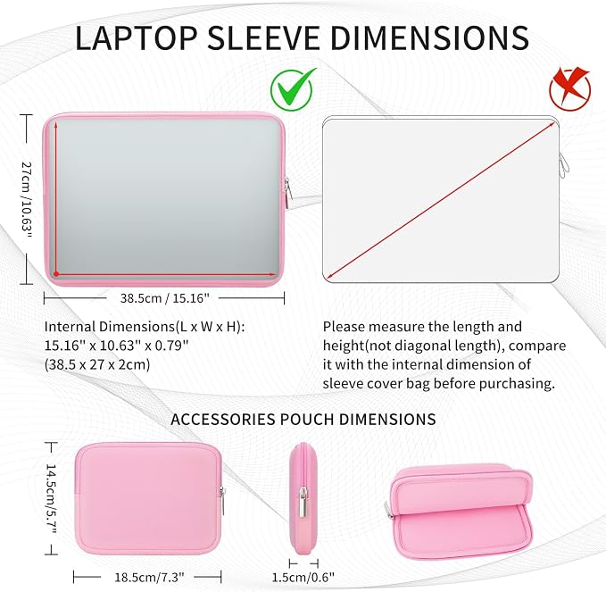 RAINYEAR 15.6 Inch Laptop Sleeve Soft Case with Accessories Pouch, Pink | Protective Case Padded Carrying Cover Zipper Computer Bag Compatible with 15.6 Inch Notebook Tablet Chromebook Laptop - Image 4
