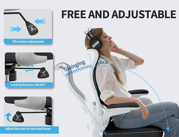 TRALT Office Chair Ergonomic Desk Chair - Gaming Chair with Lumbar Support | 330 LBS Home Office Desk Chairs , Reading Chair with Flip-up Armrests, Comfortable Computer Chairs (1, White Black) - Image 6