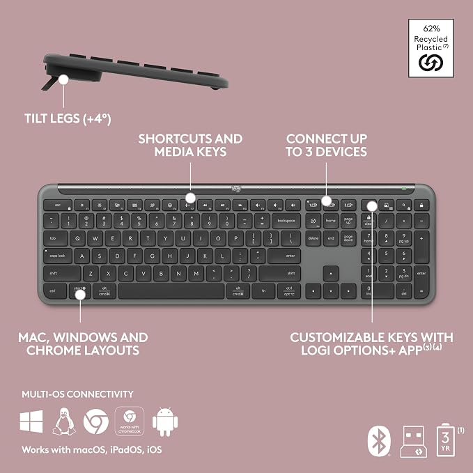 Logitech Signature Slim K950 Wireless Keyboard Sleek Design - Graphite | Sleek design, switch typing between devices, quiet typing, Multi-OS, Windows, Mac, Chrome - Image 10