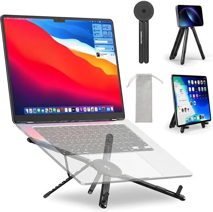 Adjustable Laptop Stand for Desk with Magnetic Phone Holder, MagSafe Compatible Portable Foldable Computer Riser for MacBook, iPhone, iPad, Tablet - Perfect for Office, Home, Traveling (black) by MAKECATCH