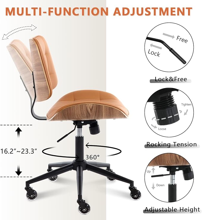 Home Office Desk Chair with Rubber Wheels, Armless Bentwood, Brown | Adjustable Height Armless Office Chair, PU Leather Mid Back 360°Small Computer Chair, No Arms Walnut Seating, 300LBS Support - Image 6