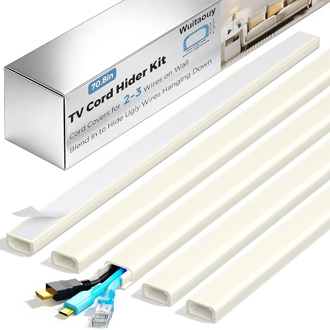 Cord Hider Kit, 70.8in Cord Covers for 2-3 Wires on Wall, Paintable Cable Hider Wire Covers for Cords on Wall, Self-Adhesive Cord Hider for Wall Mount Tv to Hide Cords, W0.94 H0.47in, Beige by Wuitaouy