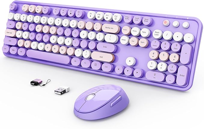 SkyGive Wireless Keyboard and Mouse Combo, Ergonomic Full Size Typewriter Retro Round Keycaps Keyboard, Compatible with Windows, PC, Perfer for Home and Office Keyboards (Lavender Purple by SkyGive