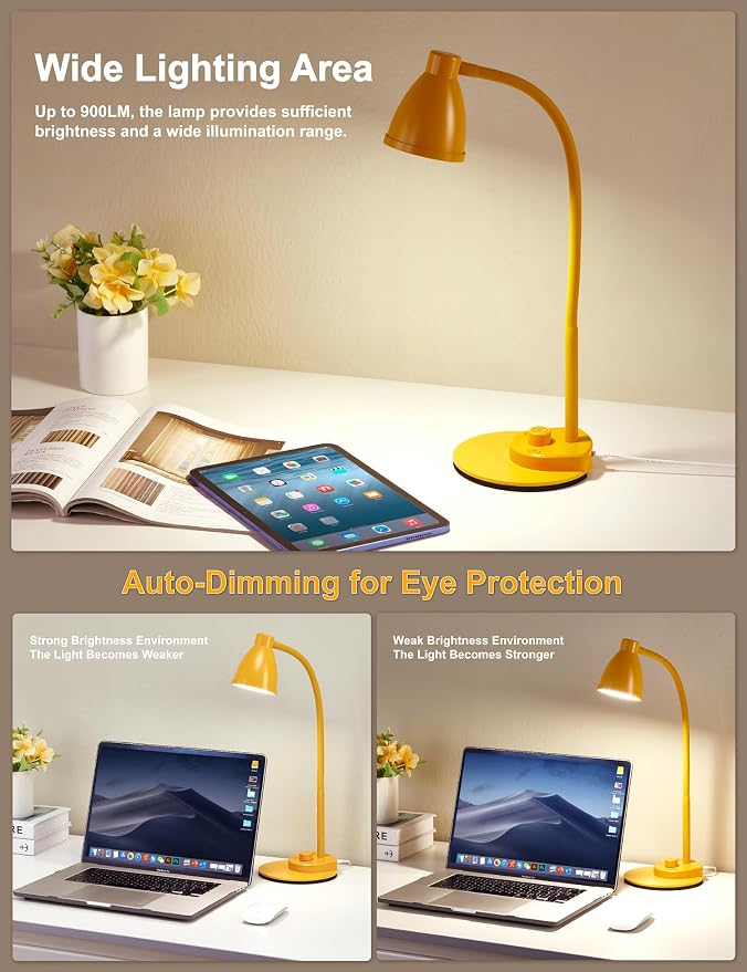 BOHON LED Desk Lamp with USB Charging Port 3 Color Modes Fully Dim, Yellow | Reading Lamp, Auto Dimming Task Lamp, Flexible Neck Table Light for Home Office Dorm Bedside, Bright Yellow - Image 5