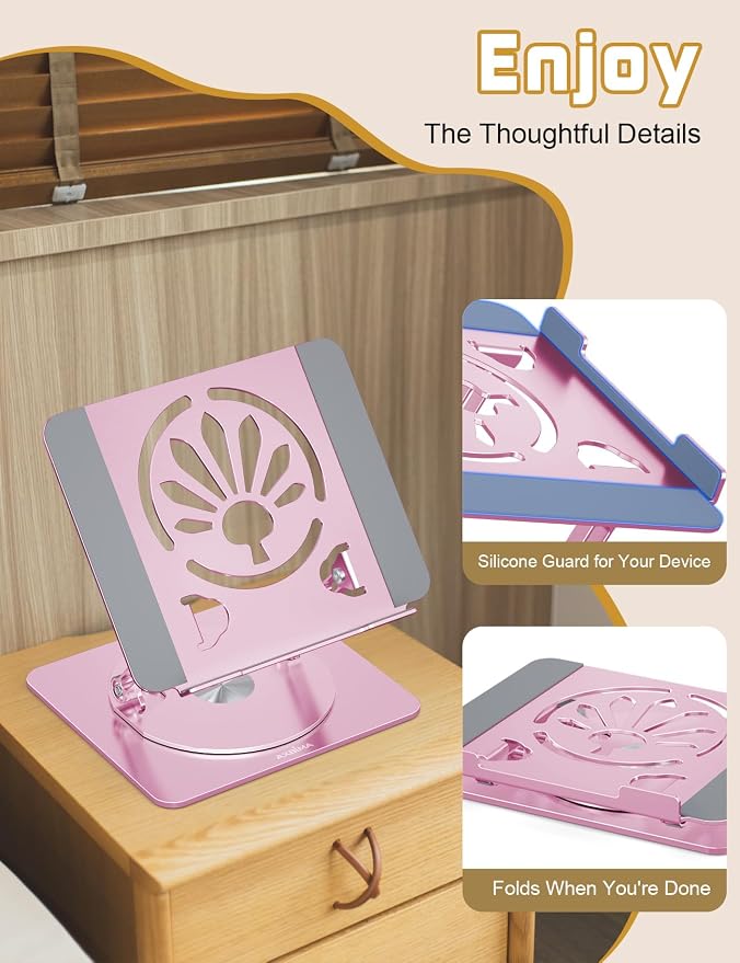 Adjustable Laptop Stand for Desk-360° Rotating Foldable Laptop Holder Ergonomic Laptop Riser for MacBook Pro/Air Dell HP Lenovo Notebook up to 16",Pink - Image 3