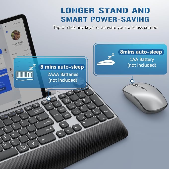 JOYACCESS Wireless Keyboard and Mouse, Ergonomic Wireless Keyboard with Wrist Rest and Phone Holder, Quiet Computer Mouse for Mac PC Laptop-Black Grey - Image 4