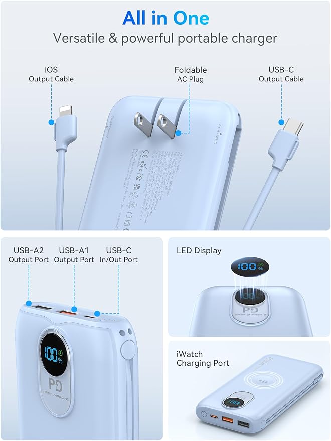 Portable Charger Power Bank 10000mAh PD20W w/Built-in Cables & AC Plug | Portable charger iphone,Fast charging, Built-in wall plug, LED display, Charge 6 devices at once, Pass through charging - Image 4
