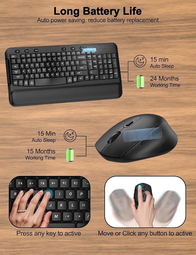 Wireless Keyboard and Mouse Combo, EDJO 2.4G Full-Sized Ergonomic Computer Keyboard with Wrist Rest and 3 Level DPI Adjustable Wireless Mouse for Windows, Mac OS Desktop/Laptop/PC, Carbon Black - Image 6