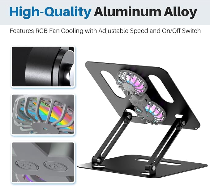 YICOSUN Adjustable Laptop Cooling Stand with 2 Quiet Fans & RGB Lighting, Aluminum Alloy & Foldable Ergonomic Design for MacBook, Lenovo, ASUS, Dell 10-16 Inch, Perfect for Gaming, DJ, Office - Black - Image 3