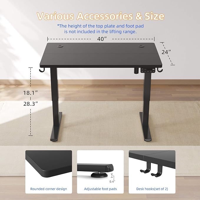 YIHAYO Low Height Adjustable Desk, Lifts 18.1-28.3 Inches, Electric Standing Desk for Short People, 40 x 24 Inches Computer Table with Splice Board for Home Office, Black - Image 3