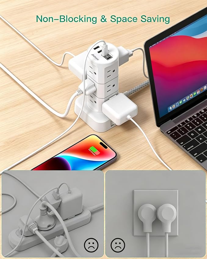 Surge Protector Power Strip Tower, 10FT Extension Cord, Slim Flat Plug | Office Desk Supplies, with Multiple Outlets(12 AC Outlets), 1875W/15A Overload Protection, Dorm Room Essentials - Image 6