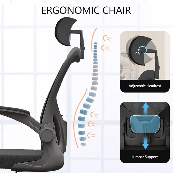 Ergonomic Office Desk Chair High Back Mesh Computer Chair Adjustable Chair | 360° Swivel Adjustable Lumbar Support & Flip-Up Armrests capacity 300 lbs capacity - Image 5