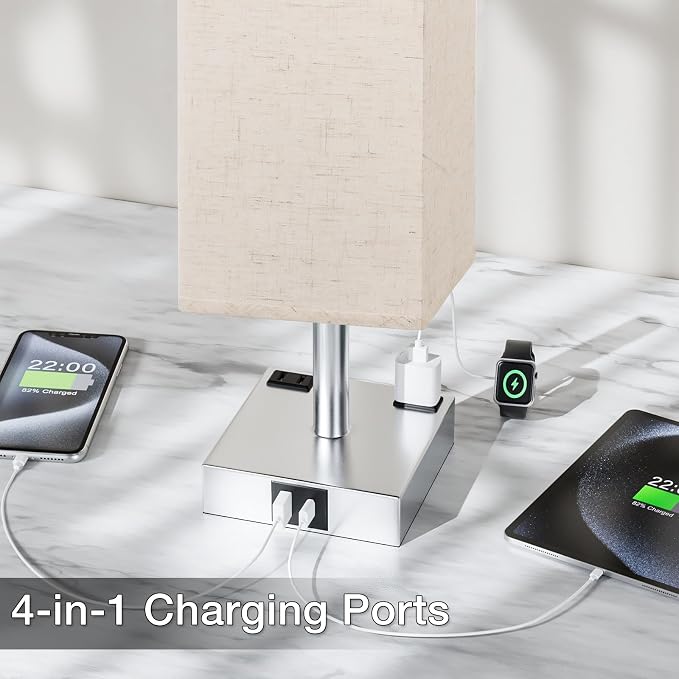 Beige Touch Table Lamp for Bedroom - Dimmable, USB C+A, 2 AC Outlets | 3-Way Dimming, 3000K Bulb Included, Square Beige Lampshade and Black Base, Desk Lamp for Nightstand, Living Room, Dorm - Image 4