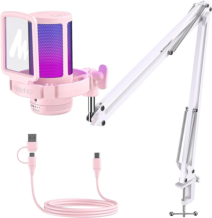 MAONO DGM20S USB Microphone for PC with Clear Voice & Noise Reduction | RGB Lighting, Tap-to-Mute, Gain Control, Monitoring and Boom Arm for Discord Gaming, Streaming, Content Creation.Pink by MAONO